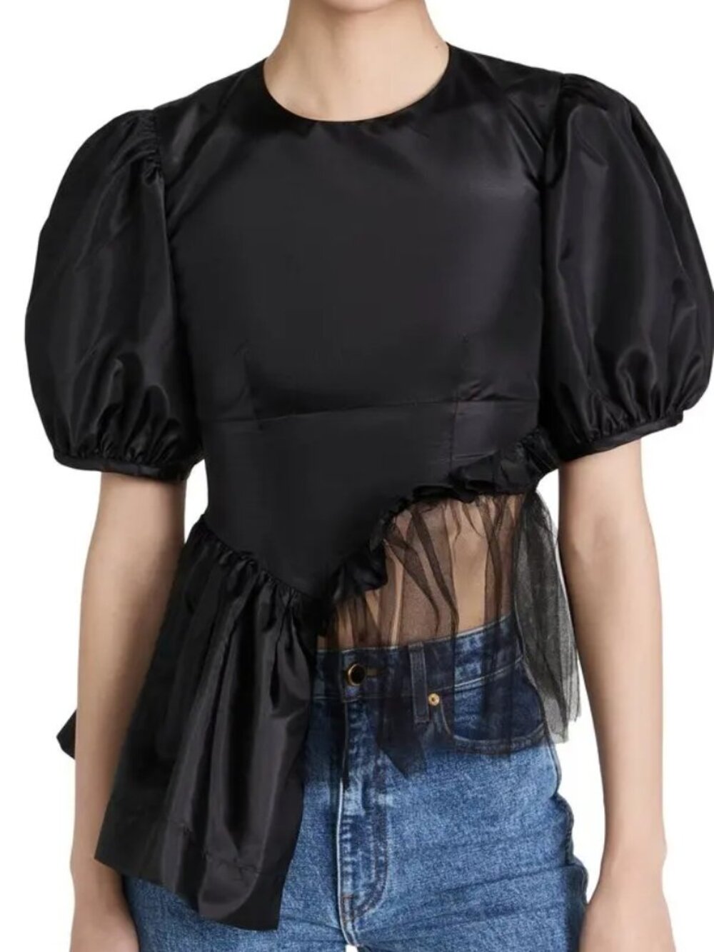 Sandy Liang Spoonbill Top Black Taffeta Tulle Peplum Puff Sleeve Blouse 2 4